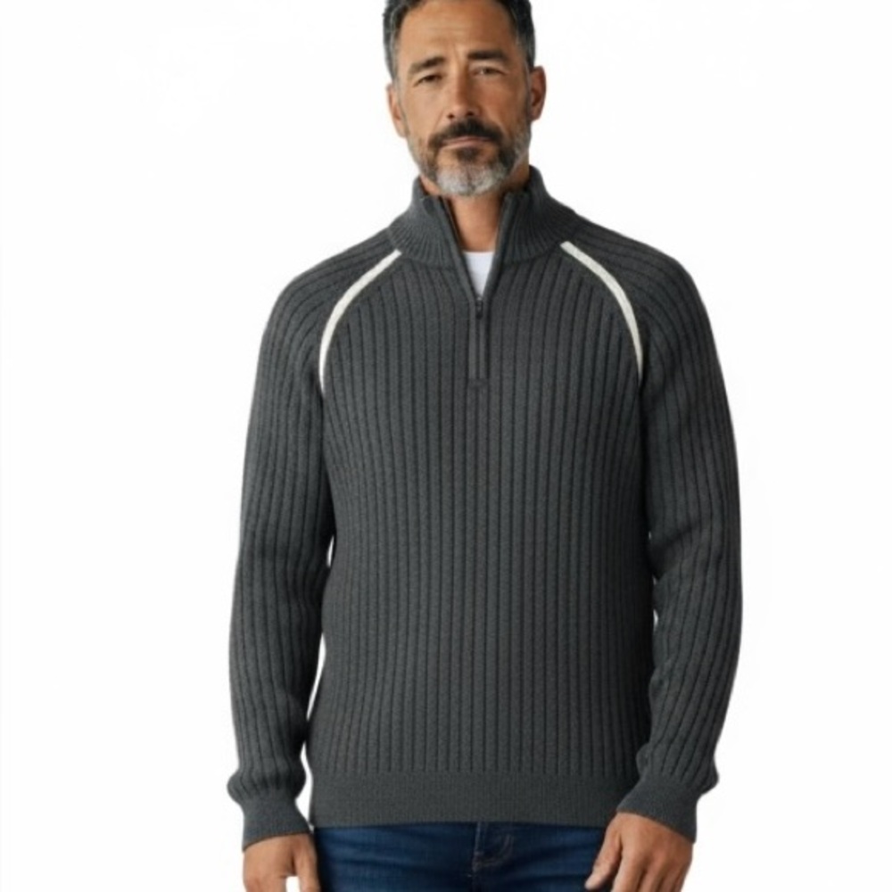 Vintage Route 66 Mens 1/4 Zip Sweater Size Large Gray Racer Stripe Detail